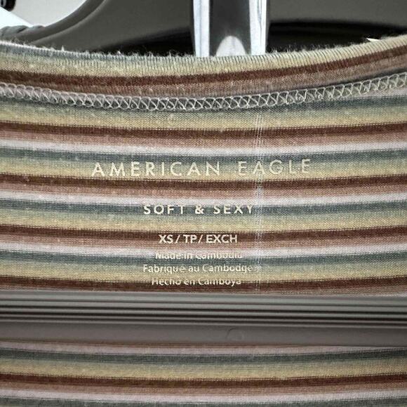 American Eagle Womens Tan Green Soft‎ & Sexy Striped Casual V-Neck Oversized Top - Picture 6 of 7
